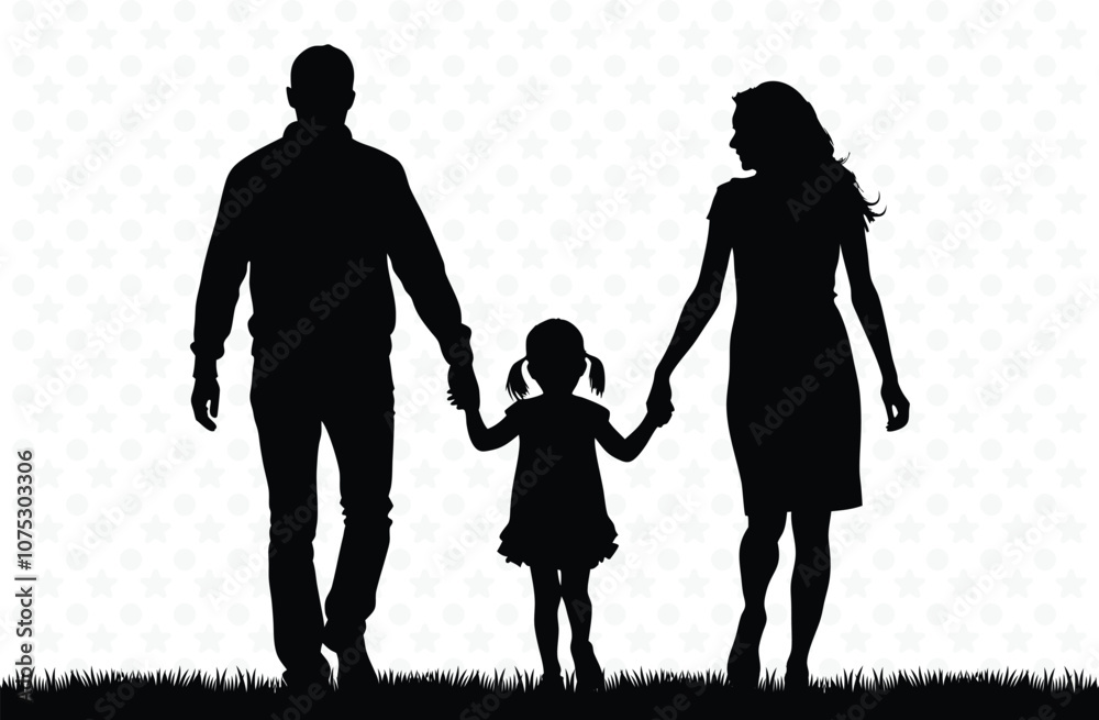 Silhouette of dad mom and child walking and holding hands Silhouette of dad mom and child walking and holding hands