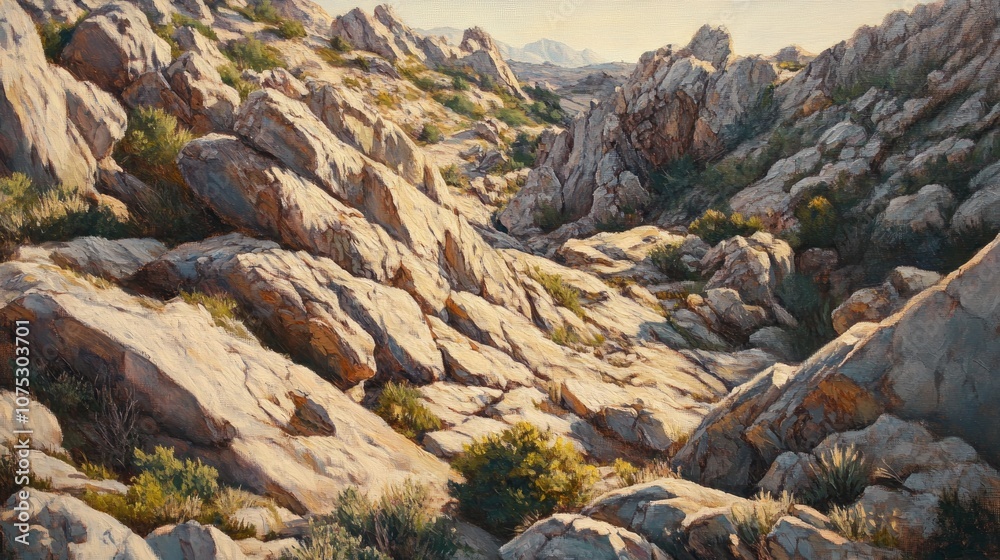 Obraz premium Oil painting depicting unique geological formations of rocky terrain