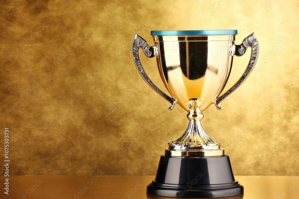 A shiny trophy with intricate handles, set against a golden background, symbolizing achievement. A shiny trophy with intricate handles, set against a golden background, symbolizing achievement.