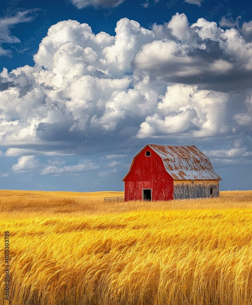 Stunning Landscape of a Red Barn Amidst Golden Wheat Fields Under Dramatic Clouds Stunning Landscape of a Red Barn Amidst Golden Wheat Fields Under Dramatic Clouds