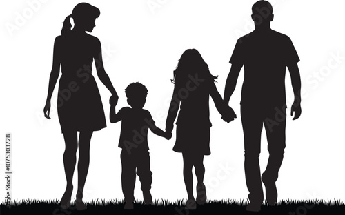 Silhouette of dad mom and child walking and holding hands