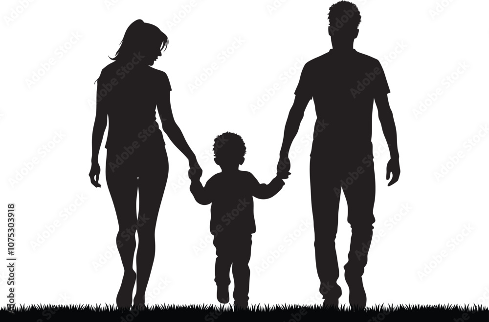 Silhouette of dad mom and child walking and holding hands