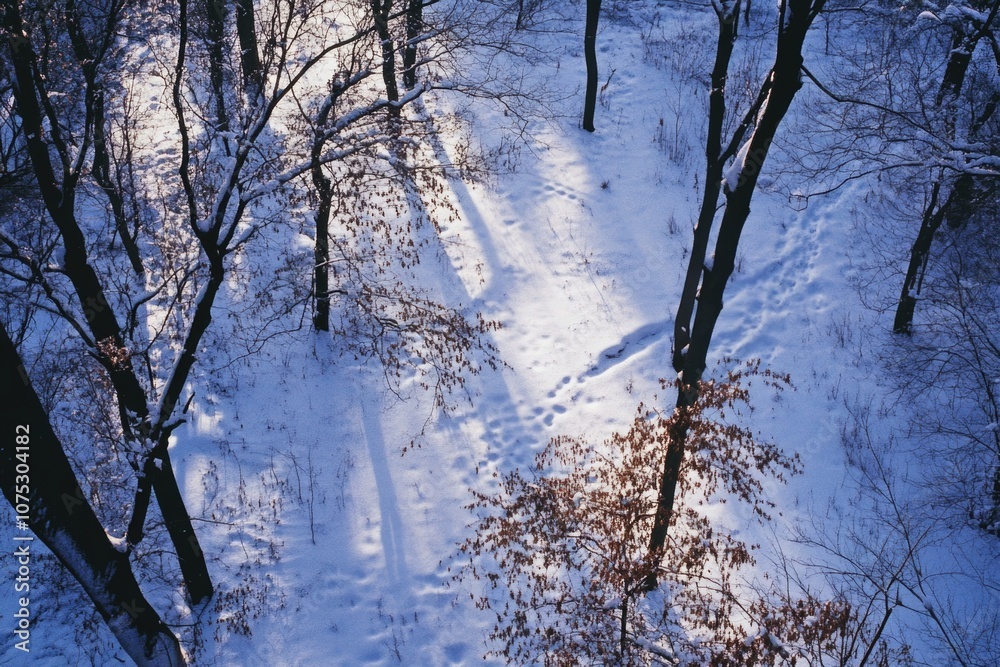 A serene winter scene with snow covering the ground and surrounding trees.