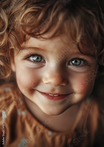 A young girl with brown hair and blue eyes is smiling