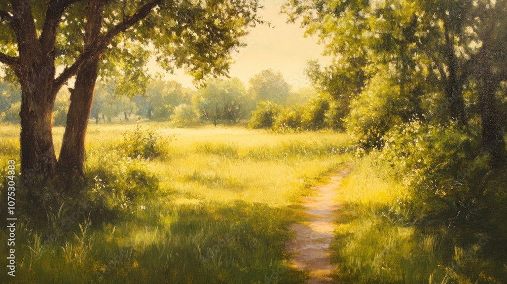 Obraz premium Oil painting depicting a sunny summer evening in a countryside setting capturing the essence of outdoor travel and leisure