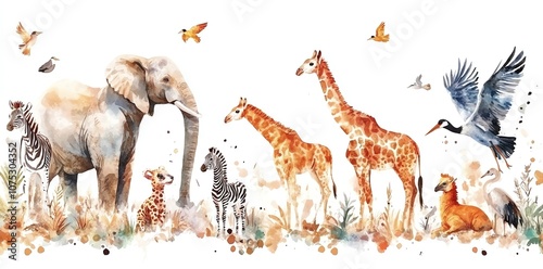 Watercolor illustration of an elephant, giraffes, zebras, and birds in a savanna setting.