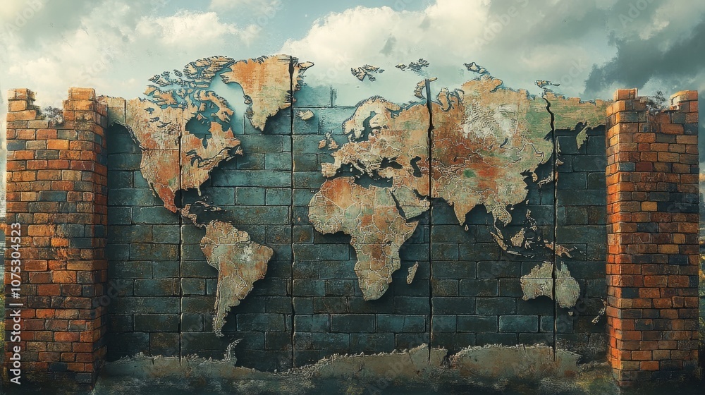 Fototapeta premium A World Map Depicted on a Crumbling Brick Wall