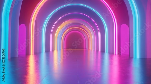 Neon Glowing Arches in a Futuristic Abstract Scene with Vibrant Colors. AI generated illustration