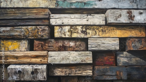 Oil painting featuring aged railway sleepers and related materials