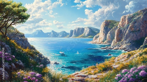 Oil painting depicting a scenic coastal landscape featuring rugged cliffs and vibrant sea views