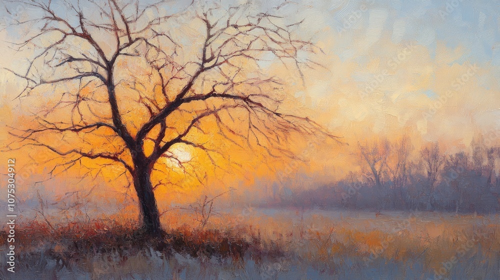 Oil painting depicting a tree at sunrise showcasing the beauty of nature and the warm colors of dawn Oil painting depicting a tree at sunrise showcasing the beauty of nature and the warm colors of dawn