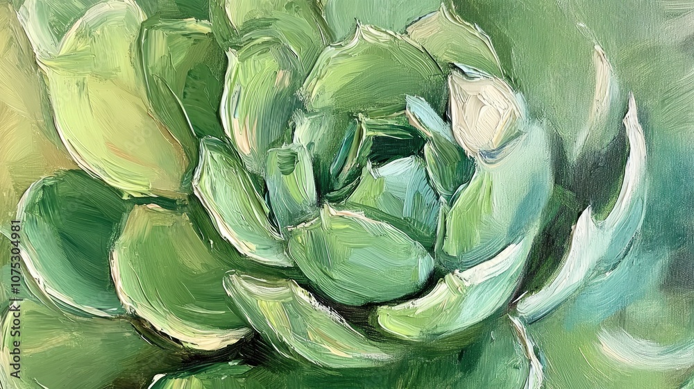Obraz premium Close up oil painting of a fresh green succulent echeveria showcasing intricate details and vibrant texture perfect for nature inspired themes and floral backdrops