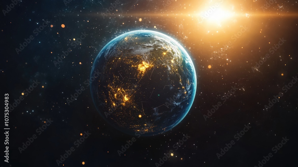 Fototapeta premium Digital illustration of Earth surrounded by stars with glowing spots indicating populated areas.