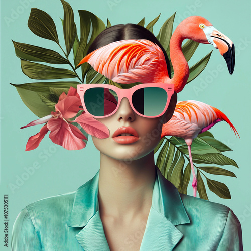 A creative portrait of a woman with her face intersected by geometric shapes and a flamingo, ideal for editorial and design use.