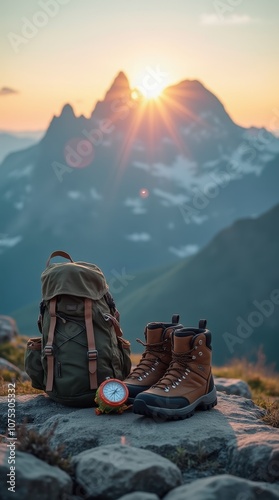 Outdoor Activities Icons: Backpack, Hiking Boots, Compass