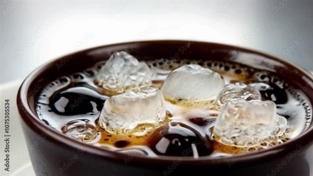 A close-up of rich nitro coffee with swirling nitrogen bubbles interacting with ice, creating a smooth, creamy effect, while the sleek background adds to the cutting-edge, sophisticated atmosphere. A close-up of rich nitro coffee with swirling nitrogen bubbles interacting with ice, creating a smooth, creamy effect, while the sleek background adds to the cutting-edge, sophisticated atmosphere.