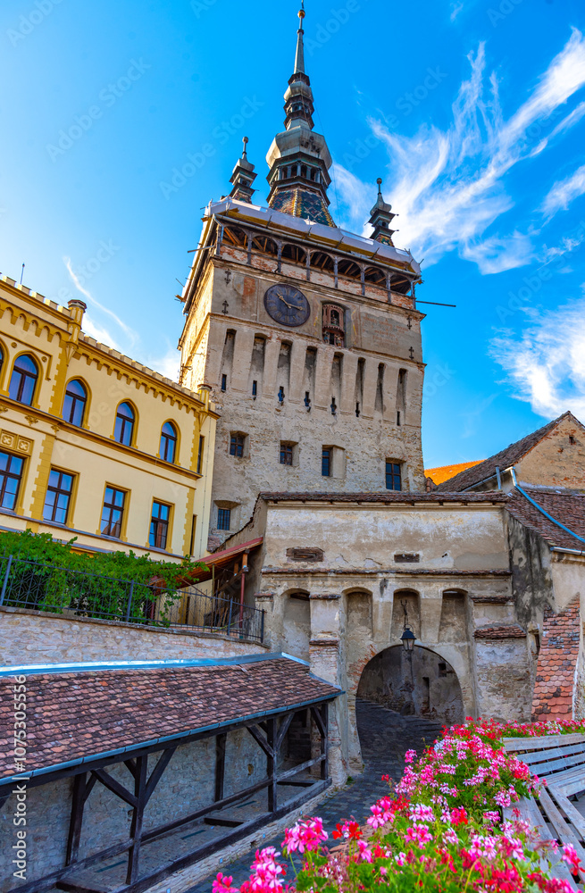 Obraz premium Medieval cityscape architecture in Sighisoara town, historical region of Transylvania, Romania, Europe