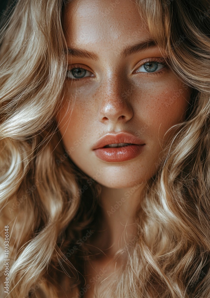 Naklejka premium A woman with blonde hair and blue eyes is smiling at the camera