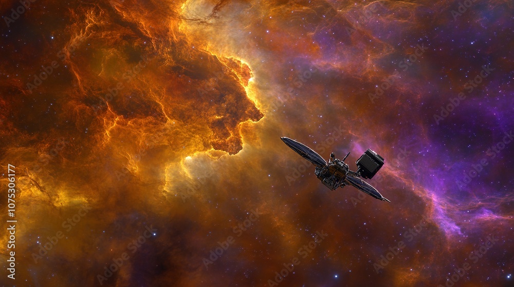 Space probe flying through vibrant nebula, surrounded by colorful gas clouds and cosmic dust, exploring the vast universe. Space probe flying through vibrant nebula, surrounded by colorful gas clouds and cosmic dust, exploring the vast universe.