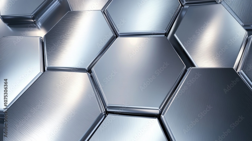 Close-up of metallic hexagonal panels reflecting light, showcasing a modern and sleek design. Close-up of metallic hexagonal panels reflecting light, showcasing a modern and sleek design.