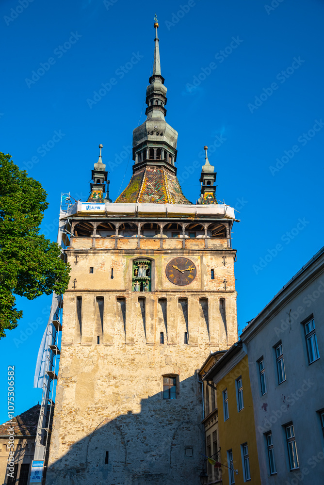 Fototapeta premium Medieval cityscape architecture in Sighisoara town, historical region of Transylvania, Romania, Europe