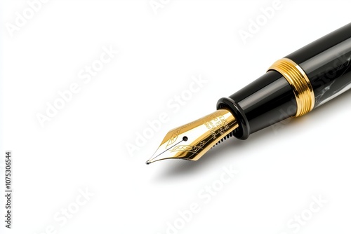 Elegant fountain pen with a gold nib on a white isolated background, ideal for branding and writing concepts. photo