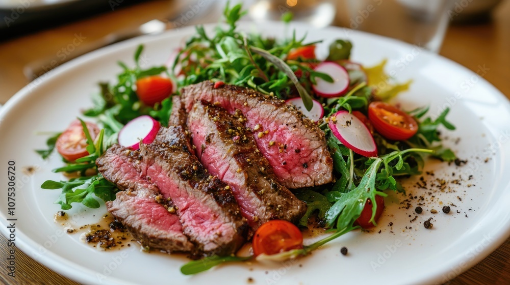 Savory roast beef salad featuring thick slices of medium rare veal or grilled steak on a white plate complemented by sliced radish tomatoes spices and a mix of fresh greens Savory roast beef salad featuring thick slices of medium rare veal or grilled steak on a white plate complemented by sliced radish tomatoes spices and a mix of fresh greens