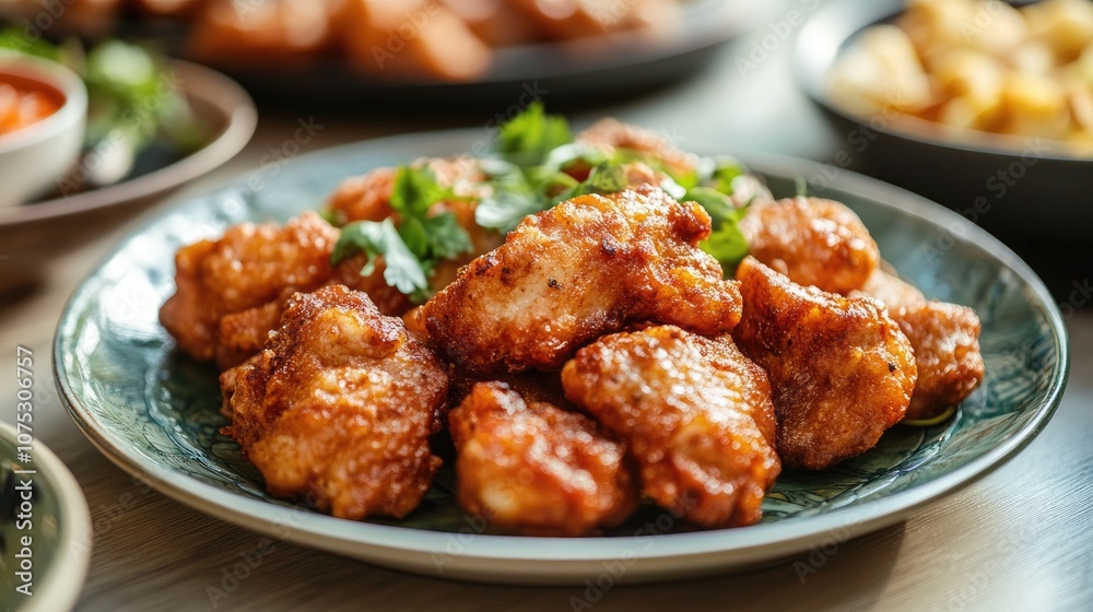 Fried meat served on a plate resting on a table Fried meat served on a plate resting on a table