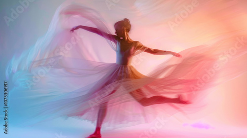 Graceful Ballet Dancer in Motion with Flowing Dress and Colorful Light Effects Capturing Elegance and Movement