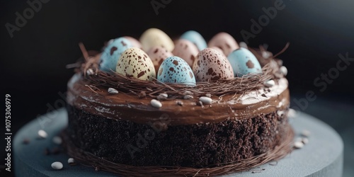 Decorative chocolate cake with decorative Easter eggs on top photo