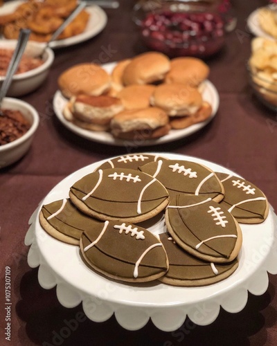 Sugar cookies decorated footballs displayed on table with party food photo