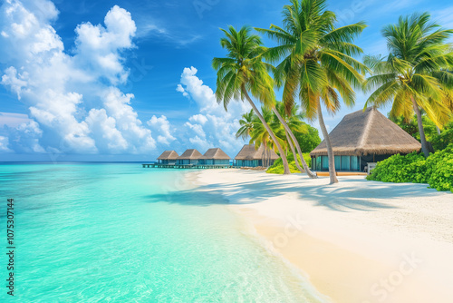 Fototapeta Naklejka Na Ścianę i Meble -  Tropical island beach resort, clouds in blue sky, coconut trees