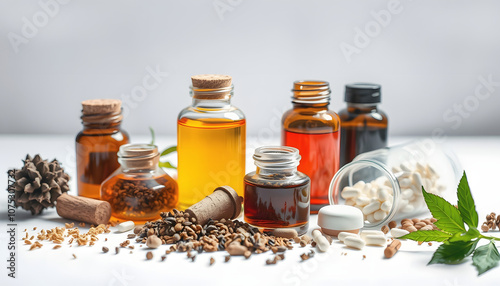 Herbal formulations for health care - herbs and drugs on white background with white shades, png photo