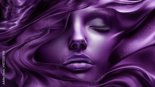 Surreal close-up of a woman's face enveloped in flowing purple silk, symbolizing mystery and elegance