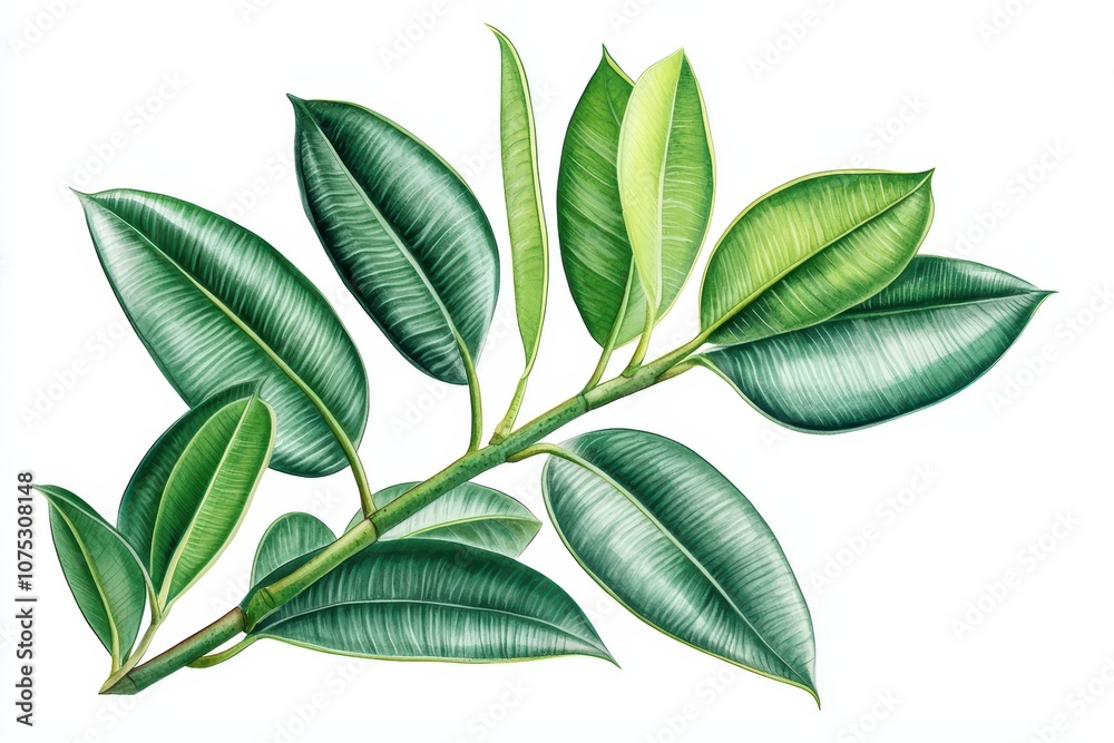 Green leaves on a stem, isolated on a white background. Green leaves on a stem, isolated on a white background.