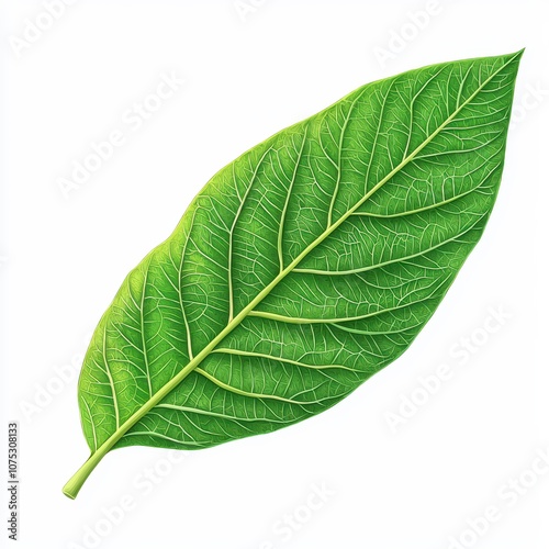 Green leaf with detailed veins, isolated on a white background.