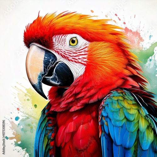 watercolor of a colorful macaw parrot with vibrant feathers with copy space photo