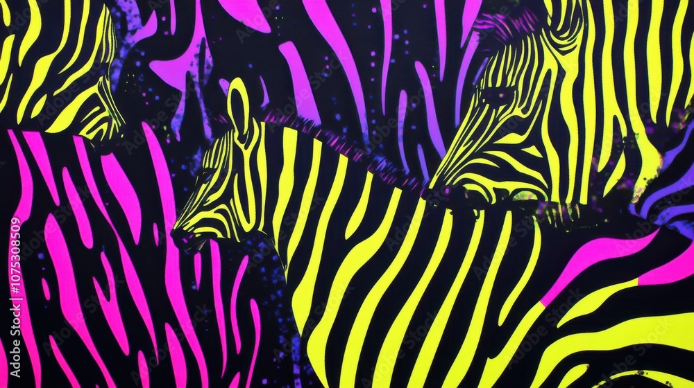 Artistic depiction of zebras in neon colors on a vibrant dark background, showcasing lively patterns and playful design. Artistic depiction of zebras in neon colors on a vibrant dark background, showcasing lively patterns and playful design.