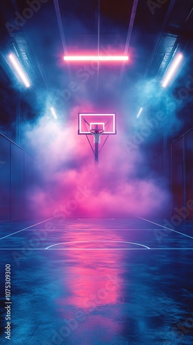 A basketball hoop stands in a smoky, neon-lit indoor court, evoking a sense of mystery and excitement.