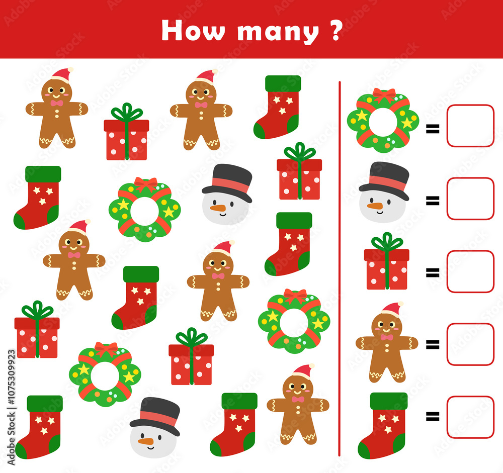 Fototapeta premium Christmas activity sheet. Counting educational children game. Math kids activity sheet. How many counting game with cute christmas illustration.
