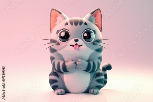 Cute cartoon cat with big eyes and pink tongue sitting on a white background