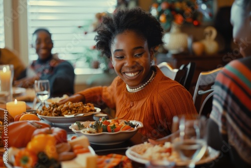 Happily enjoying holiday feast, sitting at table full of festive food.