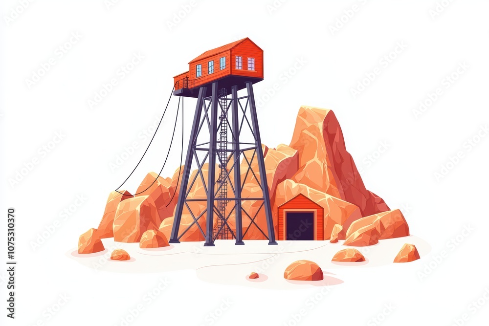 Fototapeta premium Mining tower structure set against rocky terrain, isolated on white background.