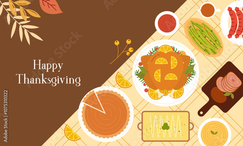 Traditional Thanksgiving Dinner Table Top View Flat Design. Thanksgiving Eating Cuisine Dishes View from Above Illustration