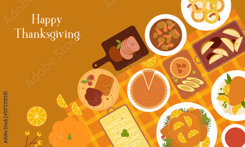 Traditional Thanksgiving Dinner Table Top View Flat Design. Thanksgiving Eating Cuisine Dishes View from Above Illustration