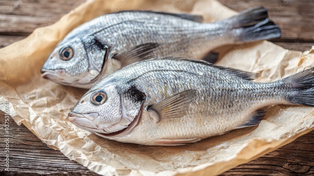 Two fresh fish displayed on parchment paper, ready for cooking or sale. Two fresh fish displayed on parchment paper, ready for cooking or sale.