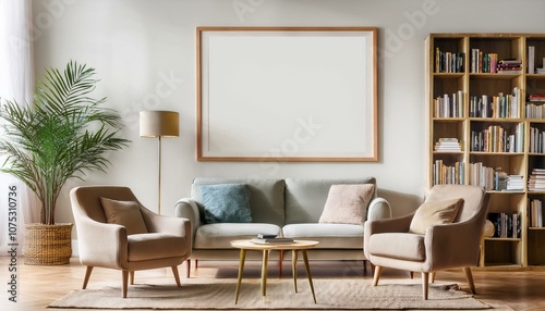 Home living room interior couch and armchairs with bookshelf, mockup frame