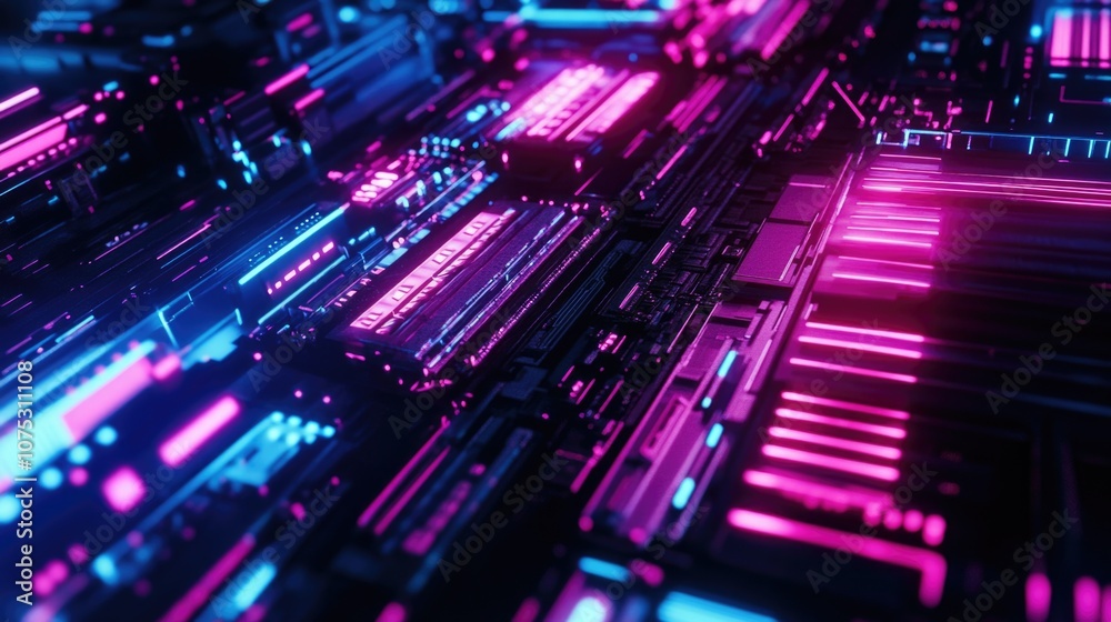 Vividly colored abstract image with futuristic elements, suggesting a cyberpunk or high tech atmosphere. Vividly colored abstract image with futuristic elements, suggesting a cyberpunk or high tech atmosphere.