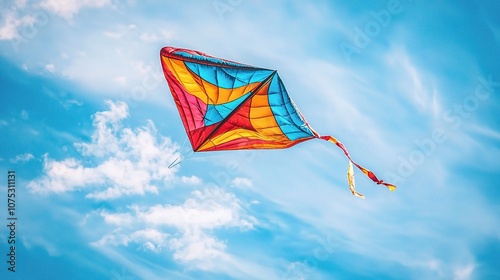 Vibrant Kite Soaring High Against a Clear Blue Sky, Capturing the Essence of Joyful Outdoor Adventures and Colorful Flying Activities