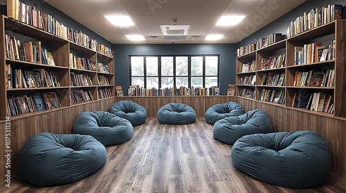 A cozy library reading room with blue bean bags in a circle, wooden bookshelves filled with books, and large windows with a view of trees.